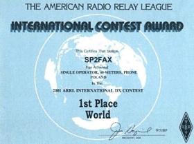 dyplom Kazika SP2FAX za zaj�cie  I miejsca na �wiecie DX ARRL SSB 2001 SINGLE OPERATOR 40 m 